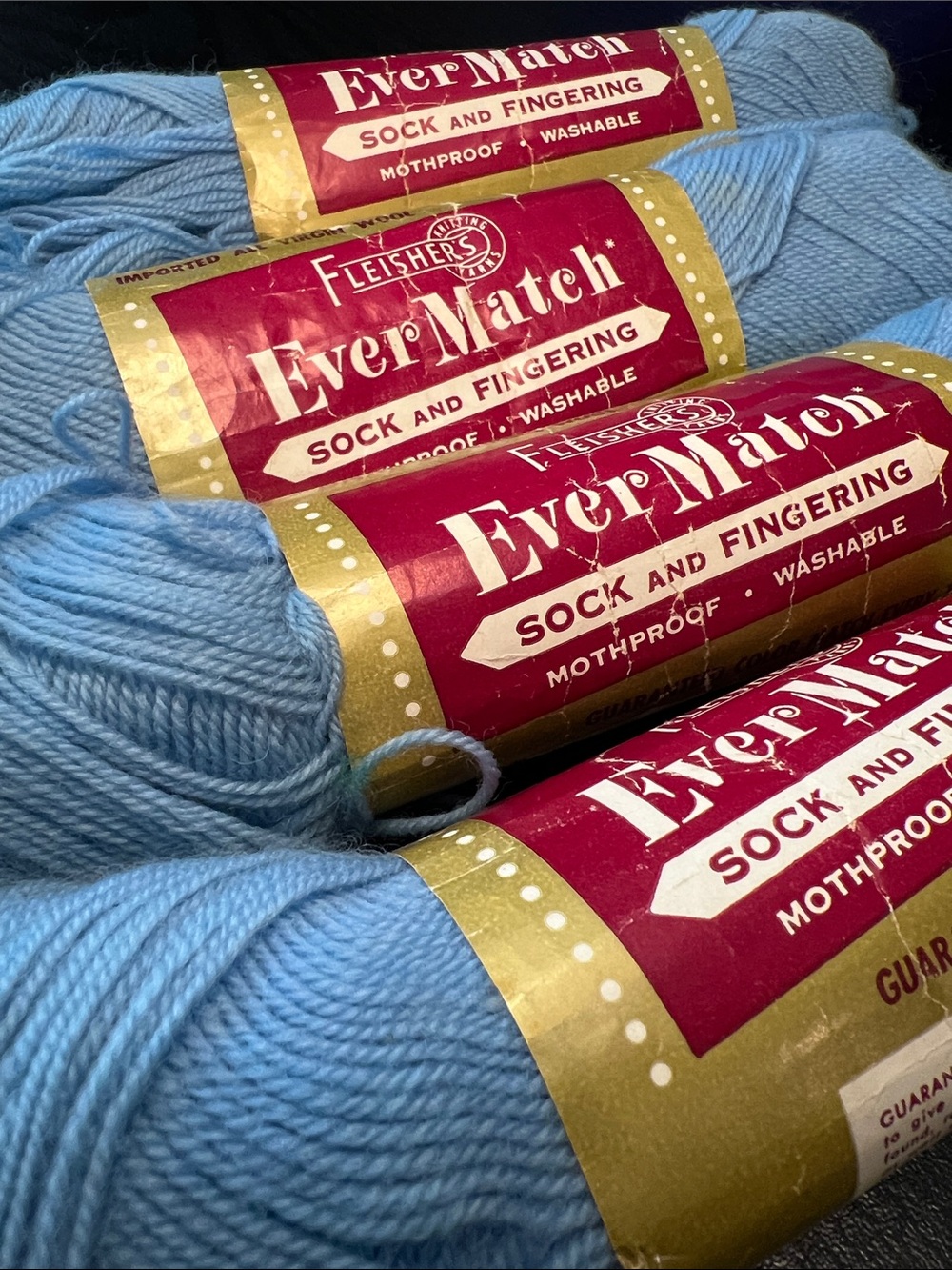 Lot of VTG Fleishers Virgin Wool EverMatch Sock and Fingering Yarn Light Blue